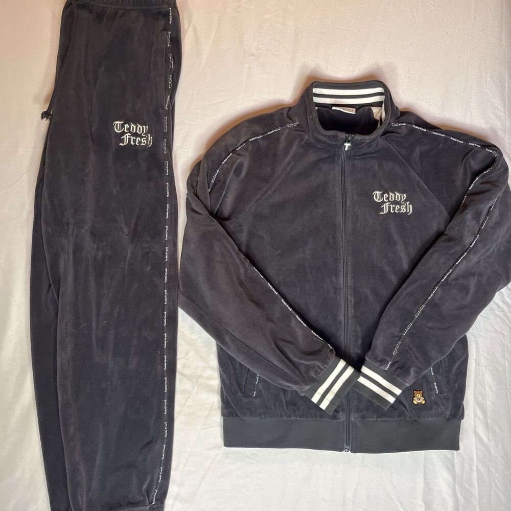 Teddy Fresh Velour Track Suit Size M Medium Striped Gray Embroidered